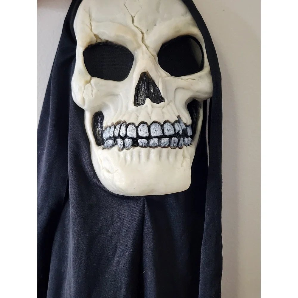Vintage Grim Reaper Skull Mask Black Hooded Halloween Horror Costume Goth Decor